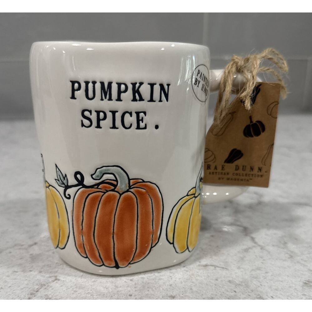 Rae Dunn PUMPKIN SPICE Coffee Mug Painted Pumpkins Fall Thanksgiving Harvest NEW